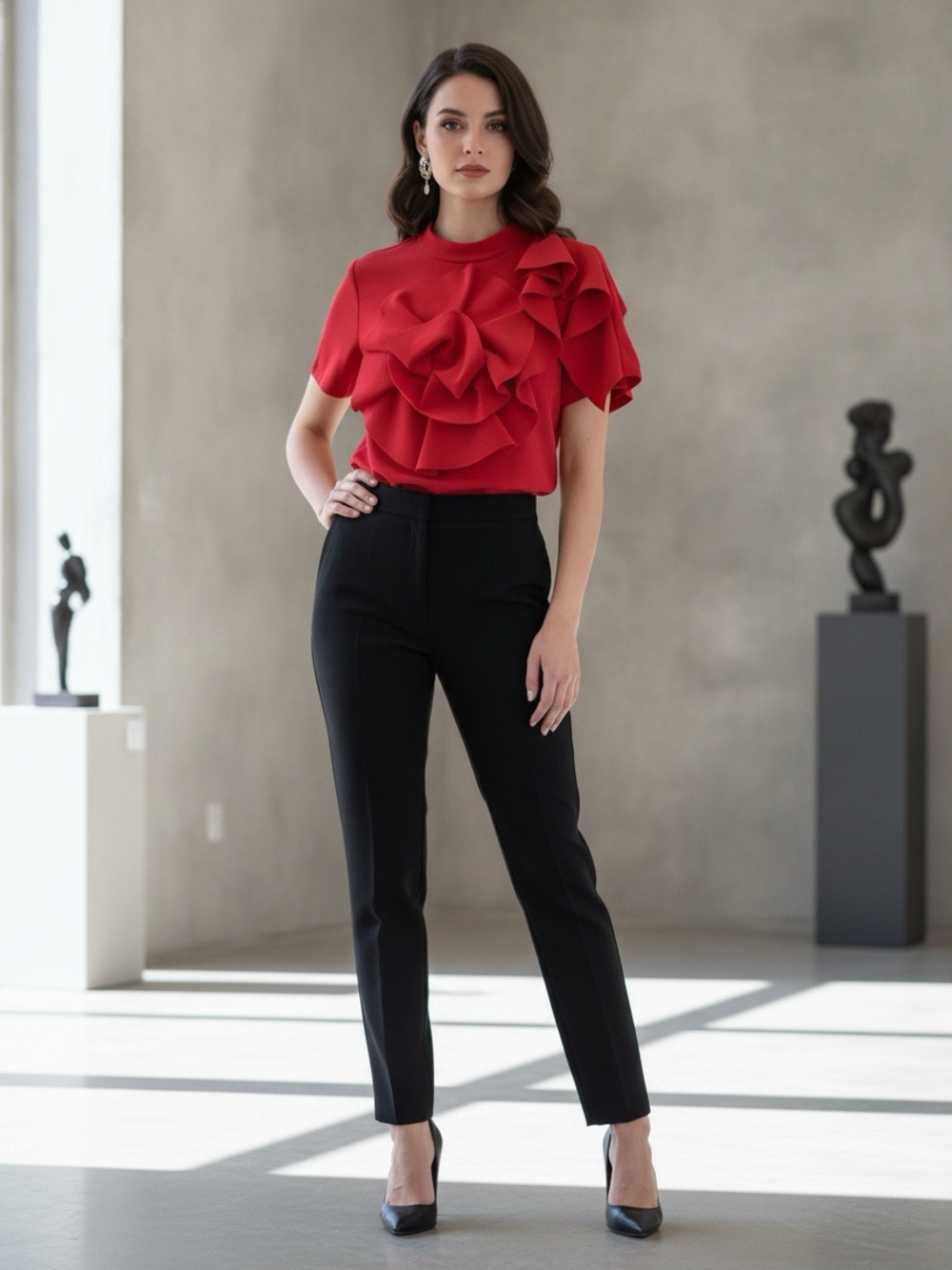 JOSEPH RIBKOFF TOP FLOWER DETAIL in Red Size 8